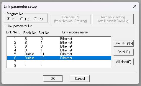 PCwin Link parameter setup with the Ethernet entry selected