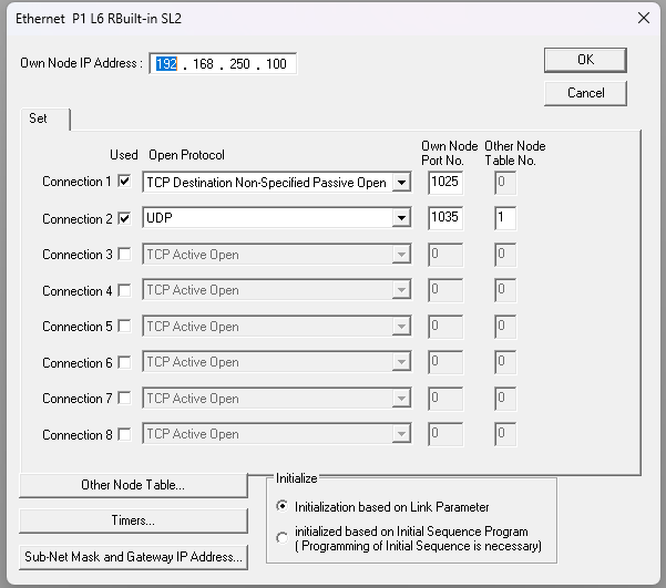 PCwin Ethernet detail screen with TCP, UDP, and link-parameter initialization configured