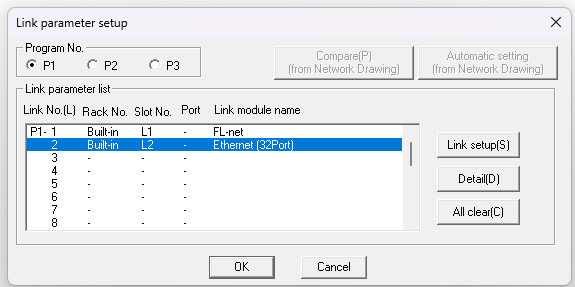 PCwin2 Link parameter setup with Ethernet 32Port selected