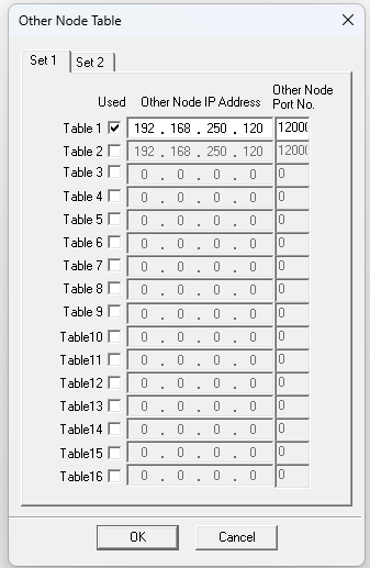 PCwin2 Other Node Table with the UDP peer PC configured