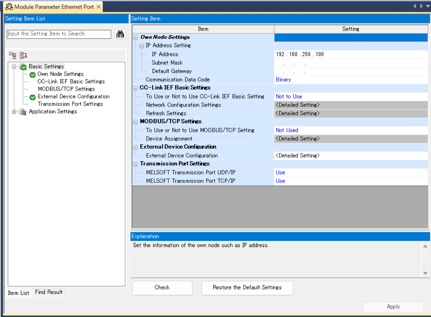 Unit parameters screen for the built-in Ethernet port