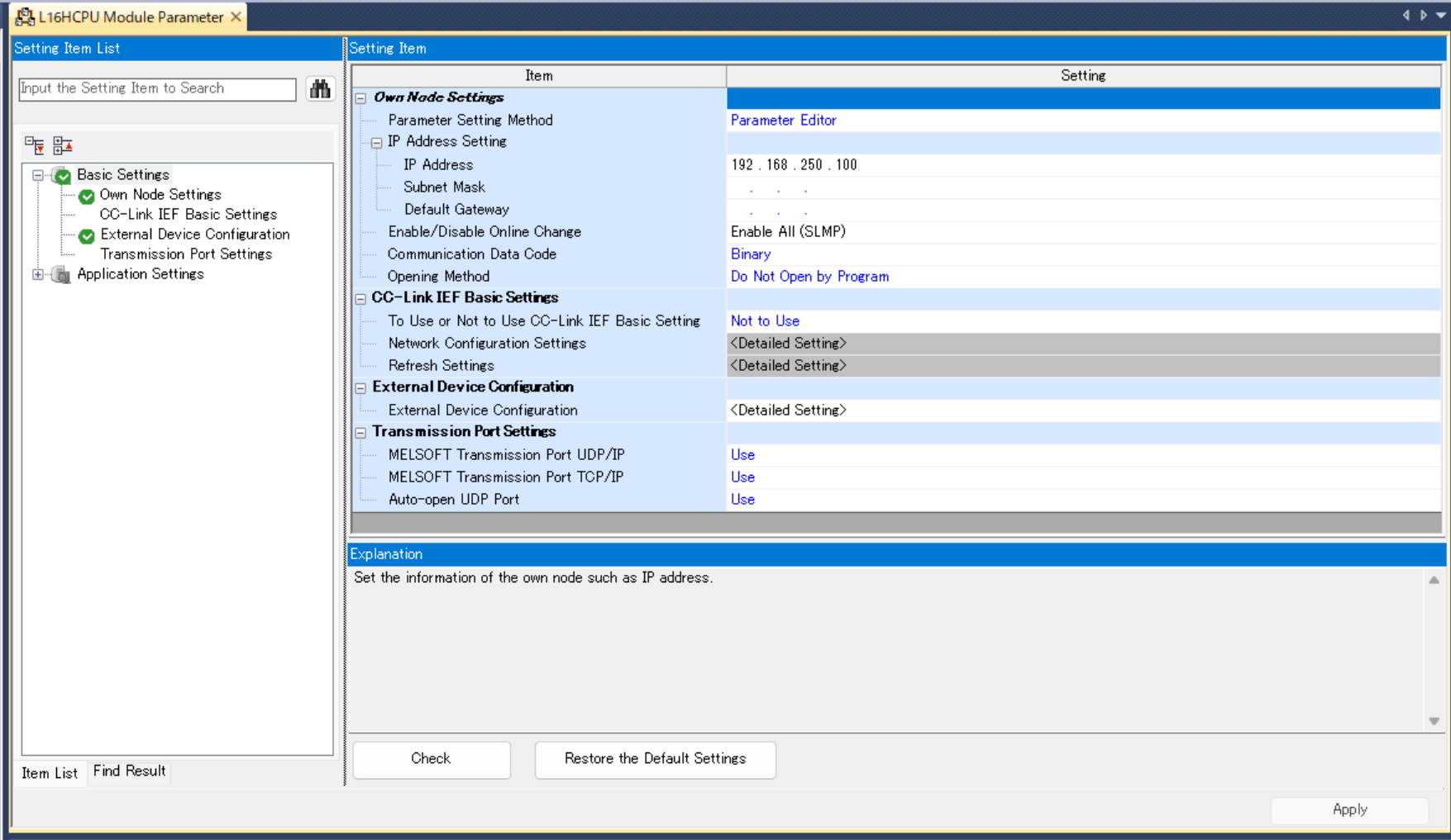 Unit parameters screen for the built-in Ethernet port