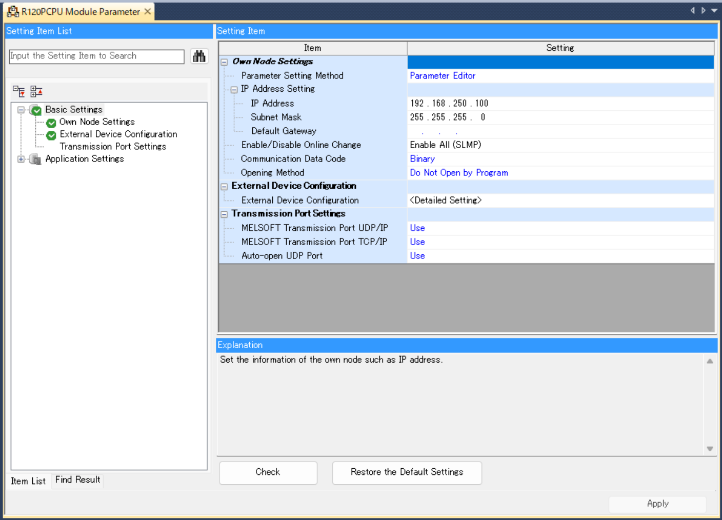 Unit parameters screen for the built-in Ethernet port