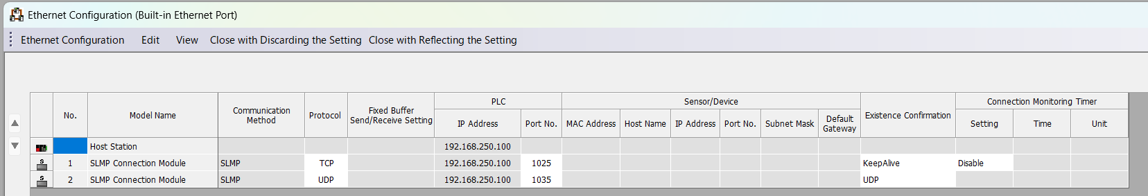 Built-in Ethernet configuration with TCP and UDP SLMP entries