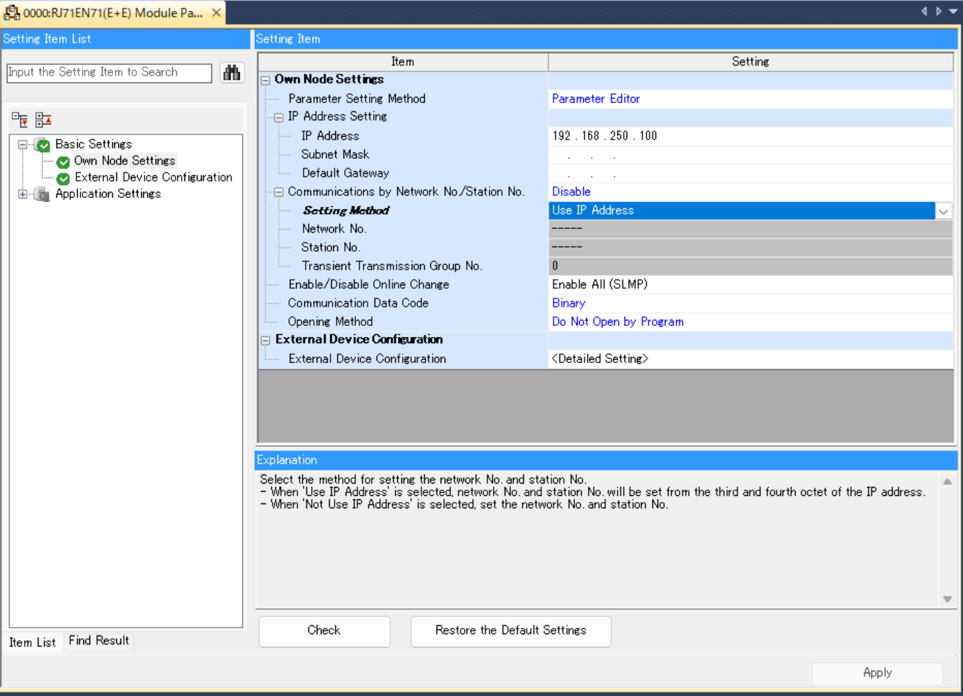 RJ71EN71 unit parameters screen